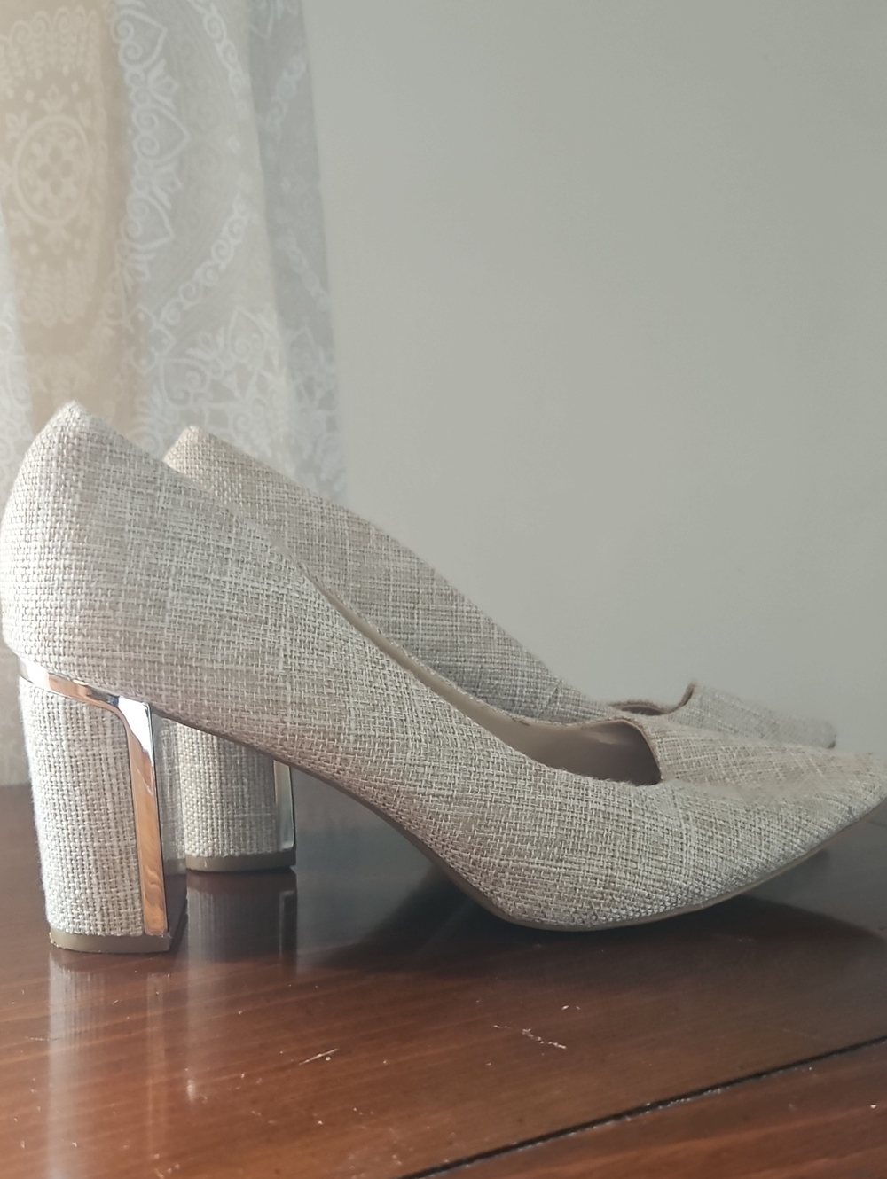 Alfani Light Beige Linen Block Heel Pumps with Metallic Accent